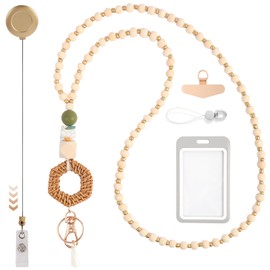 Wood Beaded Teacher Lanyard for ID Badges with Clip Keychain Retractable Reels, Clear Vertical Card Holder Nurse Accessories Work Appreciation Gifts Women, an Extra Tether Tab for Cell Phone Lanyard