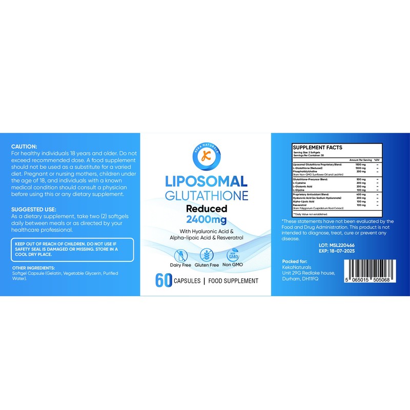2400 MG Liposomal Glutathione Softgels, Max Absorption, Active Form L-Glutathione
