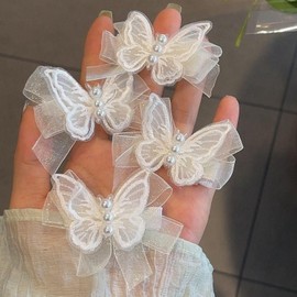 Butterfly Hair Clips with Pearls & Ribbon, 5 PC Flower Girl Hair Accessories for Women Girls, Lovely Headwears Styling Tools for Wedding Hen Night Party Daily Performance, White