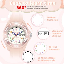 Dayllon Kids Watch for Boys Girls Ages 5-12,Easy to Read Girls Watch,30M Waterproof with Week and Calendar Watch,Teenagers Birthday Christmas Gift for Kids-Pink