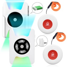 HUWOO Caregiver Pager Emergency Call Button Bell Wireless Alert System for Elderly/Patient/Disabled/Hospital 2 Waterproof Button 1 Protable Receiver and 1 Plug-in Receiver
