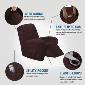H.VERSAILTEX Stretch Recliner Covers with Pockets 1-Piece Recliner Chair Slipcovers Furniture Cover for Recliner Couch Cover Velvet Plush Slipcover Anti-Slip Slipcover Highly Fitness(Recliner, Brown)