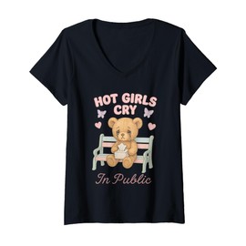 Womens Hot Girls Cry In Public Cute Aesthetic Bear V-Neck T-Shirt