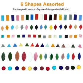 Mixed Color Glass Mosaic Tiles 1.3lb/600g, 6 Mixed Shapes Petal Leaf/Round/Rectangle/Square/Rhombus/Triangle Stained Glass Pieces for Crafts