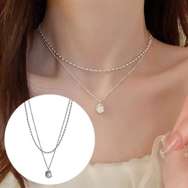 JchEnye 2 Piece Necklace Set Women's Silver Multilayer Chain Silver-Plated Chain Set Necklace with Pendant Pearl Necklace Women's Jewellery, Copper