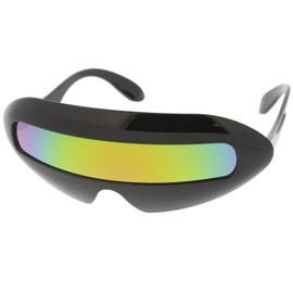 zeroUV Futuristic Costume Single Shield Colored Mirror Lens Novelty Wrap Sunglasses 70mm (Black/Yellow Mirror)