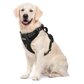 Funfox Dog Harness No Pull, Adjustable Dog Vest Harness Super Soft, 2 Leash Clips Anti Pull, Vertical Handle Easy to Control, Reflective Night Walking for Large Breed, Black, L