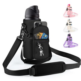 Icesip Water Bottle Carrier Bag with Strap for Owala FreeSip 32oz with Detachable Phone Pocket for Owala Accessories 32oz Water Bottle Sleeve for Walking Camping Gym Black