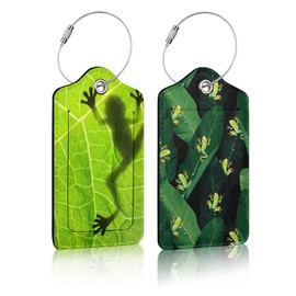 Frog Palm Leaf Luggage Tags for Suitcases 2 Pack PU Leather Luggage Tag with Stainless Steel Loop and Address Card Baggage Tag for Travel Hotel Stays Cruise Ships