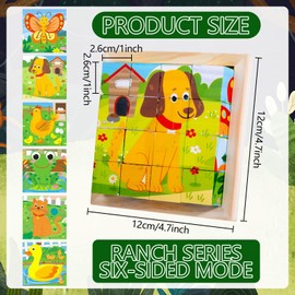 Wooden Cube Puzzle 3D Cube Puzzle Puzzle Games 6 in 1 Animal Motifs Puzzle from 2 Years, 3D Picture Cube Puzzle Games from 1 2 3 4 Years, Montessori Educational Toy Gift for Boys and Girls