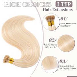 Rich Choices I Tip Hair Extensions Human Hair 100% Real Remy Human Hair Extension Pre Bonded Keratin Stick In 100 Strands 0.5g/Strands 20 Inch #18P613 Ash Blonde Highlight Bleach Blonde