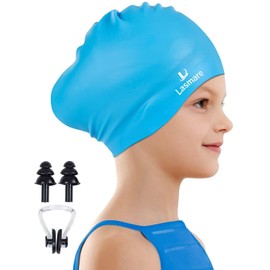 Kids Long Hair Swim Cap for Girls Boys, 3 Size Silicone Swimming Cap for Age 1-15 Toddler Children Teens, Waterproof Swim Hats Bathing Caps with Ear Plugs & Nose Clip to Keep Hair Dry(Age 8-15/Blue)
