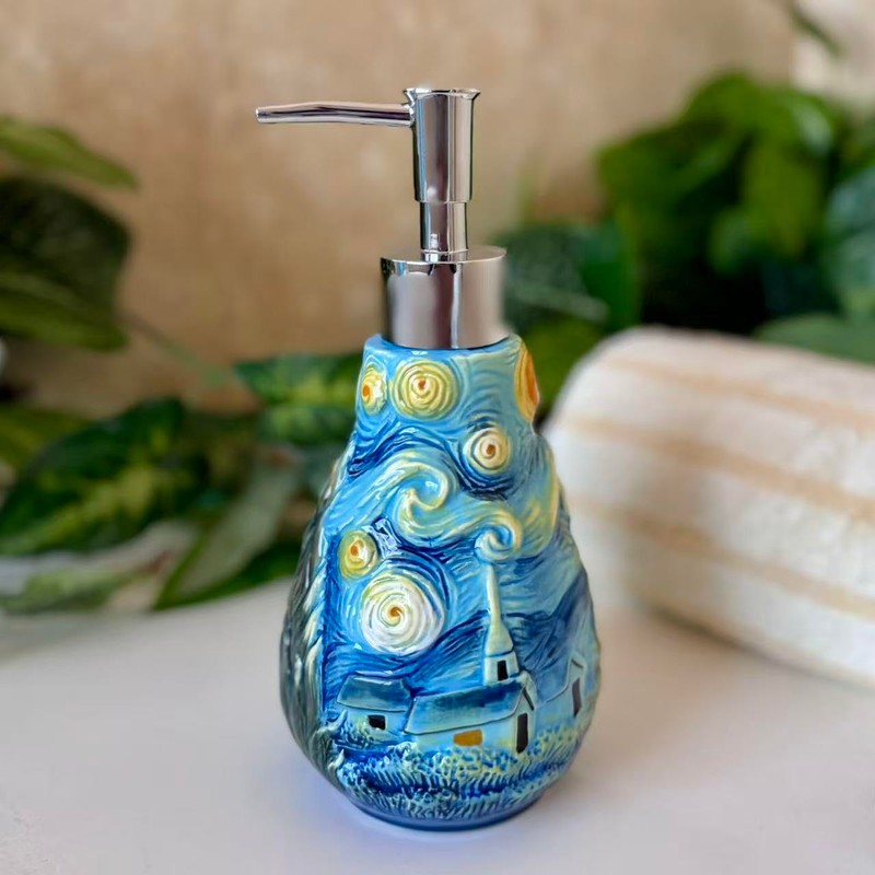 FORLONG Ceramic Soap Dispenser, 3D Hand-Painted Starry Sky Lotion Dispenser,