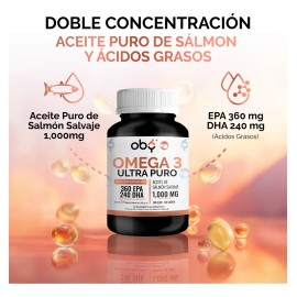 Omega 3 Premium 1300mg – 120 Cápsulas | Aceite de Salmón Salvaje Puro con Alto EPA y DHA | Suplemento Alimenticio Sin Sabor ni Olor para Hombres y Mujeres – Oby Vitaminas