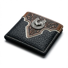 Western Stakes Men’s Short Leather Wallet – Hand Tooled Design with Horseshoe Rooster Concho – Western Cowboy Bifold Wallet for Ranchers, Farmers & Rodeo Gifts