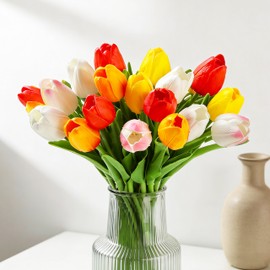 XIANNVXI 20pcs 5 Colours Artificial Tulips Artificial Flowers Faux Fake Tulips That Look Real,Decorative Realistic Silk Spring Flowers for Indoor Home Office Farmhouse Decor DIY Bouquet 14 Inch