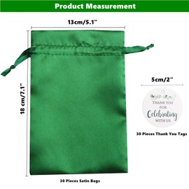 GUIFIER 30 Pack 5x7 Inch Satin Gift Bags Green Drawstring Bag with Tags, Cloth Gift Bags, Silk Jewelry Pouches, Wedding, Graduation Favor Bags, Small Candy Bags, Reusable Fabric Gift Bags