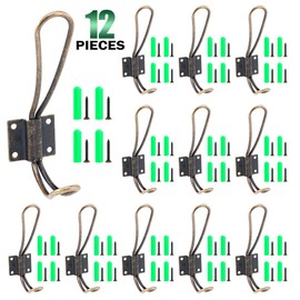 Keadic 12 Pack Heavy Duty Rustic Bronze Coat Hooks Kit with Screws and Expansion Screws Included, Wall Mounted Coat Hanger | Double Vintage Wall Hooks for Hanging Look (Bronze - 12 Pack)