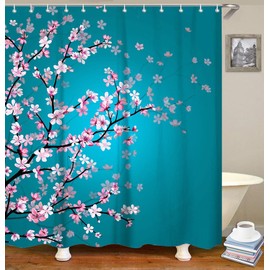 LIVILAN Cherry Blossom Shower Curtain, Floral Teal Fabric Sakura Plum Blossom Bath Curtains with 12 Hooks Bathroom Decor, 72" X 84", Turquoise