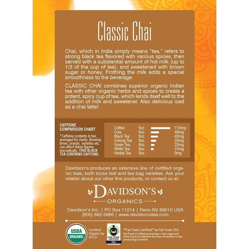 Davidson's Organics, Classic Chai, 8-count Tea Bags, Pack of 12