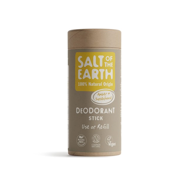 Salt Of the Earth No Plastic Natural Deodorant Stick, Amber & Sandalwood, Refill, Aluminium Free, Vegan, Long Lasting Protection, Leaping Bunny Approved, Made in the UK, 75 g, (Pack of 1)
