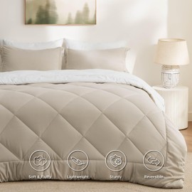 Bedsure Full Size Comforter Set - 7 Pieces Reversible Beige and White Bedding, Full Size Bed Set for All Seasons, Bed in a Bag with Down Alternative Comforter, Sheets, Pillowcases & Shams