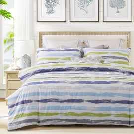SLEEPBELLA Comforter Twin Size, 600 Thread Count Cotton Blue & Yellow Striped Patchwork Comforter Set,Down Alternative Bedding Set 2Pcs (Twin, Grey Branch)