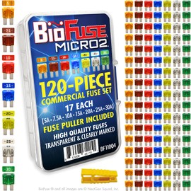 BioFuse Micro2 APT ATR 120 Piece Automotive Commercial Car Fuse Assortment (119 Micro 2 Blade Fuses + Fuse Puller) 5A 7.5A 10A 15A 20A 25A 30A
