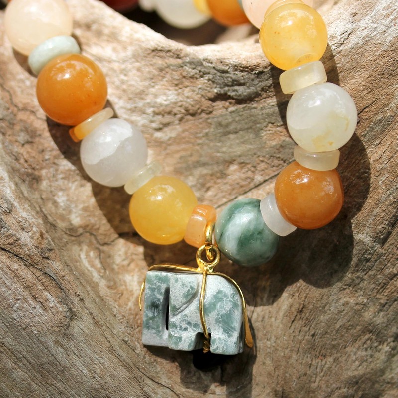 NOVICA Artisan Jade and Quartz Beaded Charm Bracelet with Elephant