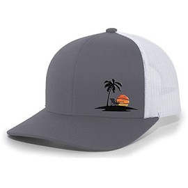 Tropical Palm Tree Sunset Beach Vacation Embroidered Mesh Back Trucker Hat, Charcoal/White