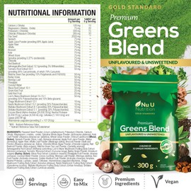 Nu U Nutrition - Premium Greens Powder 300g - 32 Active Ingredients - 60 Servings - Ashwagandha KSM-66®, Matcha, Digestive Enzymes, Probiotics & Electrolytes - Unflavoured, Unsweetened, Vegan