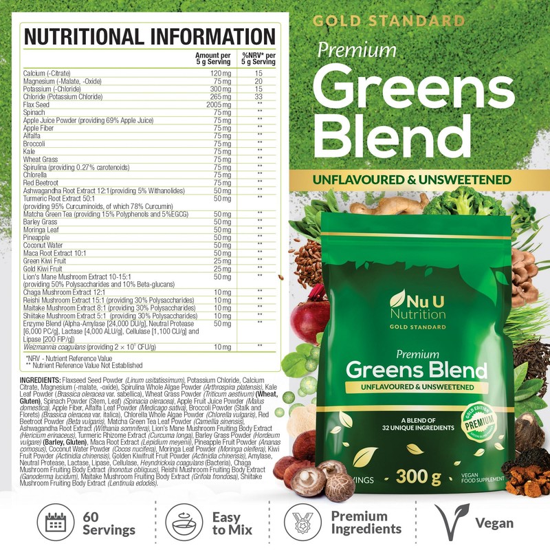 Nu U Nutrition - Premium Greens Powder 300g - 32