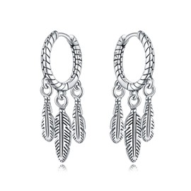 NUJIFFY Silver Earrings for Women Trendy, 925 Sterling Silver Bling Boho Dreamcatcher Feather Hoop Earring, Cute Fashion Birthday Gifts Dangle Drop Jewelry for Men Sister Lovers