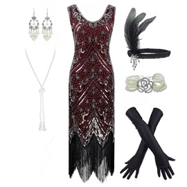 Women's 1920s Flapper Fringe Beaded Great Gatsby Party Dress with Costume Set (Small, Style02-Silver&Red)