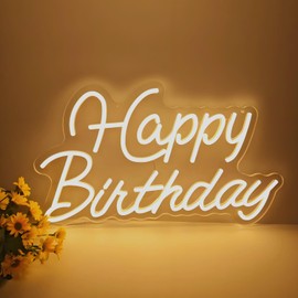Happy Birthday Neon Sign for Wall Decor,Led Happy Birthday Neon Light Sign,USB Powered Dimmable Light Up Sign for Birthday Party Backdrop Decoration, Warm White, 16.5x9.8 inch