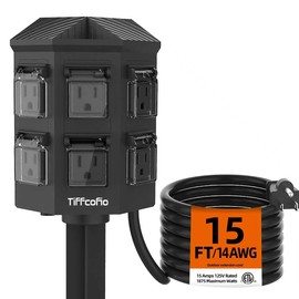 TiFFCOFiO Outdoor Power Strip Waterproof, 24 Hour Mechanical Timer, 15 ft Extension Cord, 6 Grounded Outlets for Outdoor Lights, ETL Listed