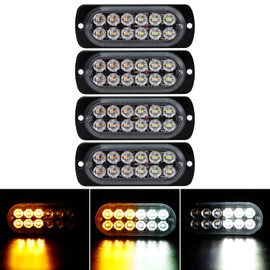 4-Pack 12 LED Amber Strobe Lights Vehicles Trucks Emergency Strobe Lights Kit 12V -24V Warning Hazard Flash Strobe Lights Bar Grill Grille Surface Mount Super Bright Waterproof, Amber/White