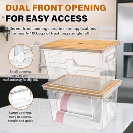 LIVSGREE Trash Bag Dispenser, 2 Pack Extra Large Garbage Bag Holder Dispensers with Bamboo Top, Plastic Stackable Trashbag Dispenser Under Sink for Cabinet Kitchen Pantry Laundry Organizer (33Gal)