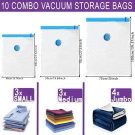 rietegio 10 Pack Space Saver Bags (4 Large + 3 Medium + 3 Small) Heavy Duty Compression Vacuum Storage Bags with Zips for Clothes Duvets Bedding Vacuum Seal Bags with Pump for Vaccine Suitcases Moving