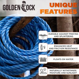 GOLDEN COCK 1/4" x 98' (6mm x 30m) 3 Strand Blue Twisted Polypropylene Tarp Rope - Multipurpose, Lightweight, Weather-Resistant Cord for Outdoor/Indoor Use and DIY Projects