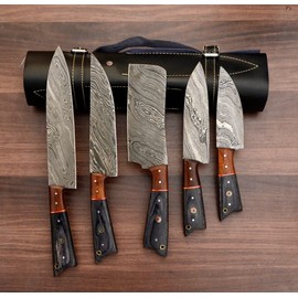 Wilson Roy Professional Kitchen Knives Custom Made Damascus Steel 5 pcs of Professional Utility Chef Kitchen Knife Set with Chopper/Cleaver with Pocket Case Chef Knife Roll Bag