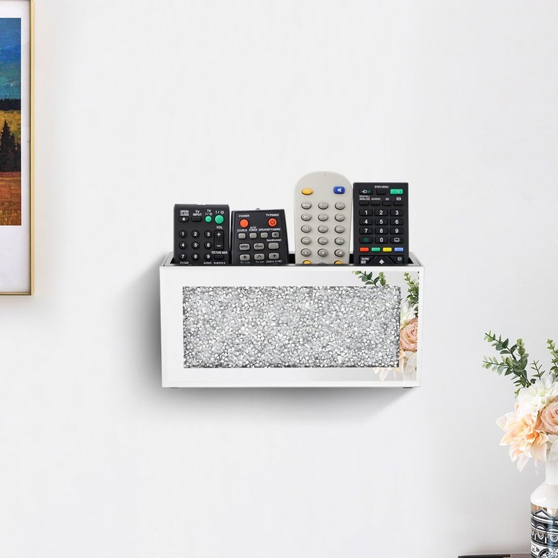 Pibeyer Mirrored Remote Control Holder Wall Mount, Silver Crush Diamond