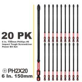 Geinxurn Impact Tough #2 Phillips 6 in. D2 Steel Long Extension Insert Driver Bits,20Pack 1/4 Inch Hex Shank Long Cross Magnetic PH2 Screwdriver Bits Set