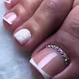 French Tip Press on Toenails Square Toe Nail Press ons Nude Glossy Fake Toe Nails for Rhinestone Design Glitter Toe Press on Nails Acrylic Press on Toenails for Women