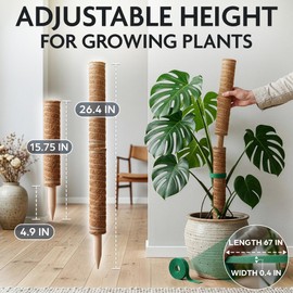 2 Pcs Small Moss Pole Monstera Plant Support Set - 15.75" Pothos Plant Climber Support with Connectable Design, Fixation Strip, Coconut Fiber Moss Poles for Monstera Plants, Money Plants, Philodendron