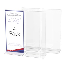 Marketing Holders 4 Pack Sign Holder 4 x 9 Inch Double Sided Clear Acrylic Rack Card Frame for Countertops Vertical Literature Menu Pricing Deli Bottom Loading Table Tent Display
