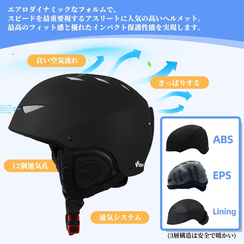 Vihir Ski Helmet Adjustable Ventilation, Goggle and Audio Compatible, Removable