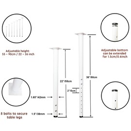 Jahof Adjustable Table Leg 22-36 inch (55-90 cm), Metal Desk Leg Ø42/38 mm with Screws, Furniture Leg for Tabletops, DIY Desk, Home and Office, Set of 1 (White)