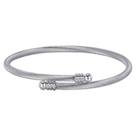 LEGENTLISUR Dainty Twist Rope Cable Bracelets Stainless Steel Open Cuff Bracelet with Oval Beaded Adjustable Bracelet Minimalist Jewelry Gifts for Women(Stainless Steel Color)