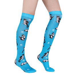 Benefeet Sox Women Girls Funny Novelty Knee High Socks Funky Silky Ultrathin Long Soft 3D Print Patterned Socks Cute Black Cat Sock Crazy Costume Cosplay Stockings Cat Lover Gifts, Lazy Cat Blue